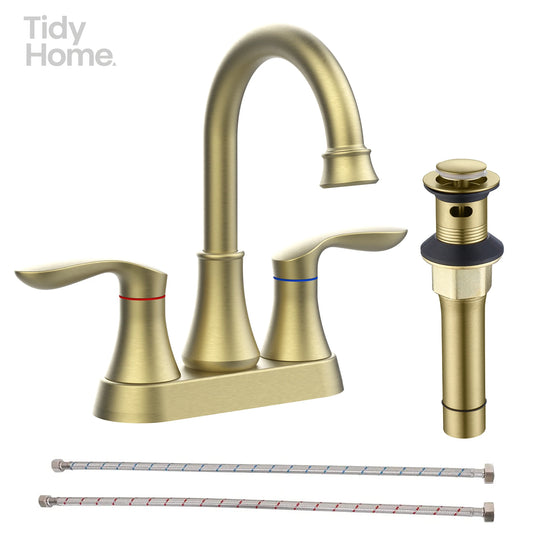 Bathroom Faucet Brushed Gold with Pop-up Drain & Supply Hoses 2-Handle, 360 Degree High Arc Swivel Spout ,Vanity Sink Faucet