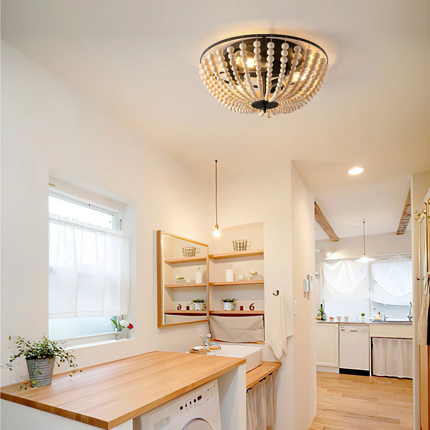 Boho Light Fixtures 3-Light Flush Mount Ceiling Light Wood Beads Ceiling Lights for Kitchen 15in Ceiling Mount Light