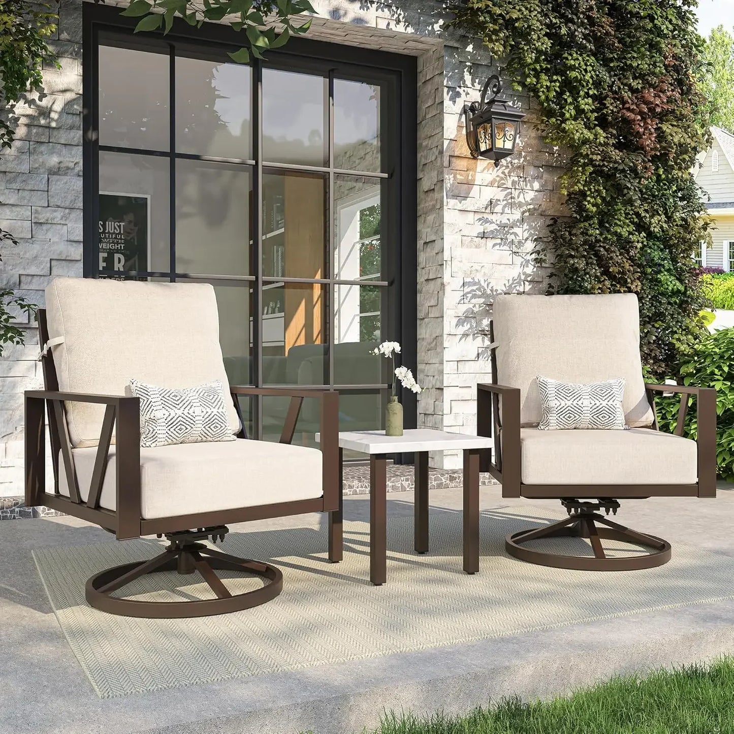 Outdoor Patio Swivel Rocking Chairs Set, 3 Pieces Outdoor Bistro Set with Coffee Table – for Balcony, Yard & Deck Use