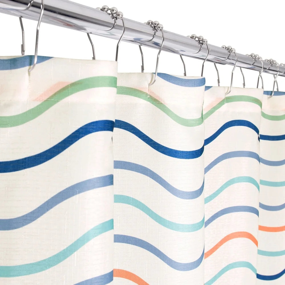 Coastal 13-piece Fabric Shower Curtain Set with Chrome Hooks Wavy Stripe Design Bathroom Privacy and Water Protection