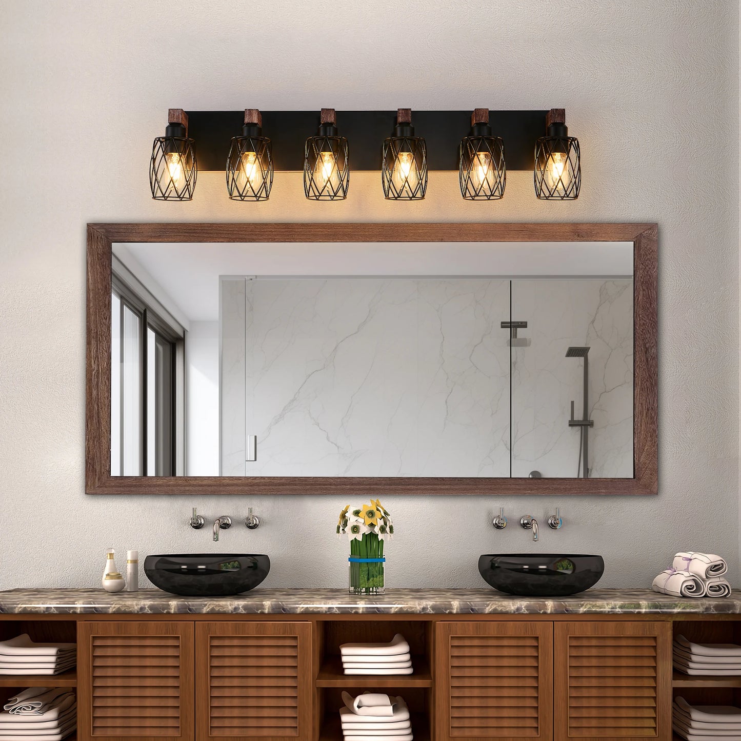 38" Industrial Vintage 6-Light Wall Sconce - Black Cage Wall Lighting Fixture with Wooden Accents