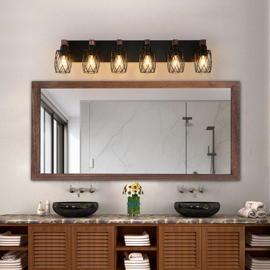 38" Industrial Vintage 6-Light Wall Sconce - Black Cage Wall Lighting Fixture with Wooden Accents
