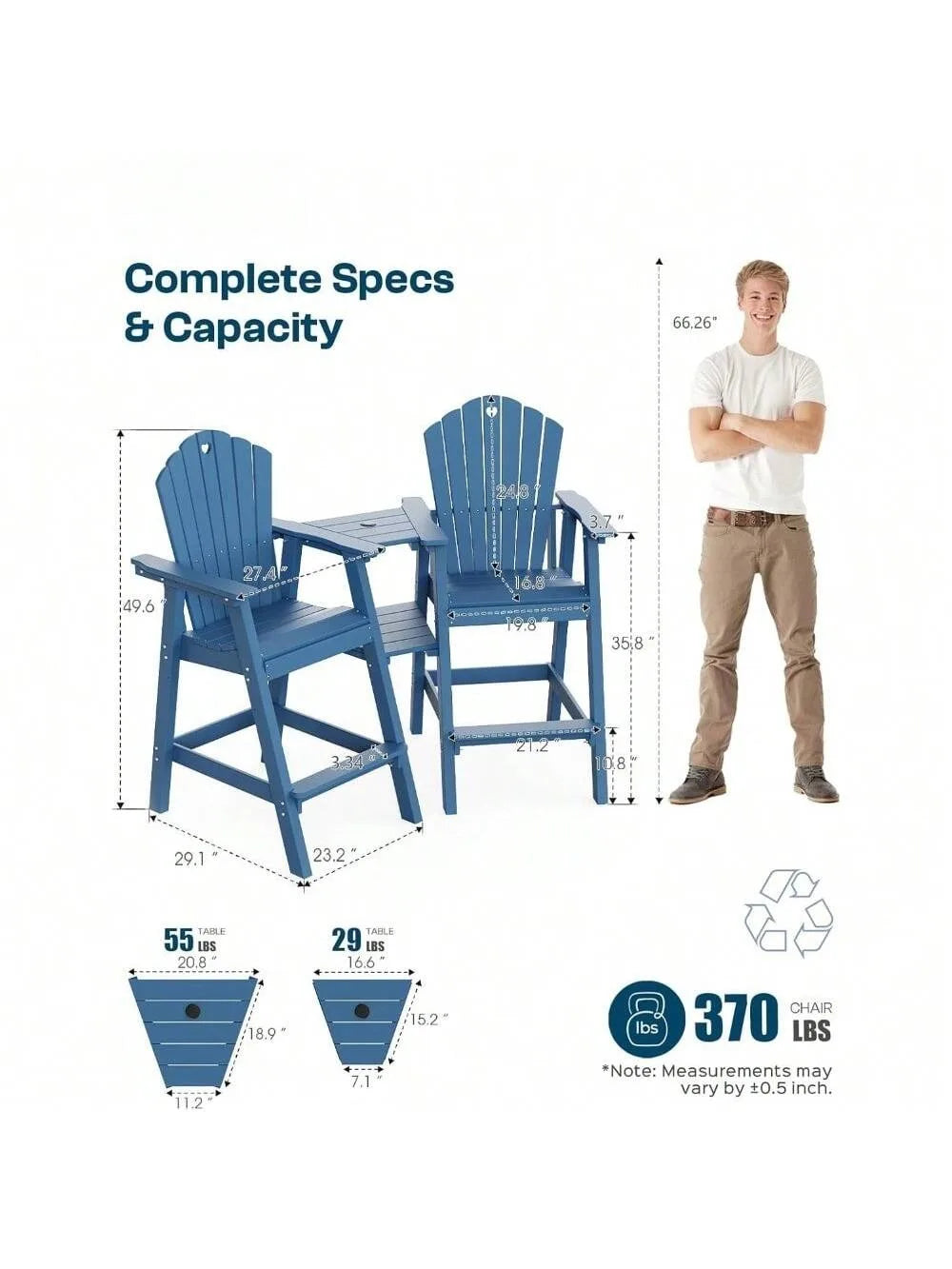 Tall Adirondack Chairs Set of 2 with 2-Layer Connecting Table, HDPE Bar Height Outdoor Table and Chairs with Umbrella Hole