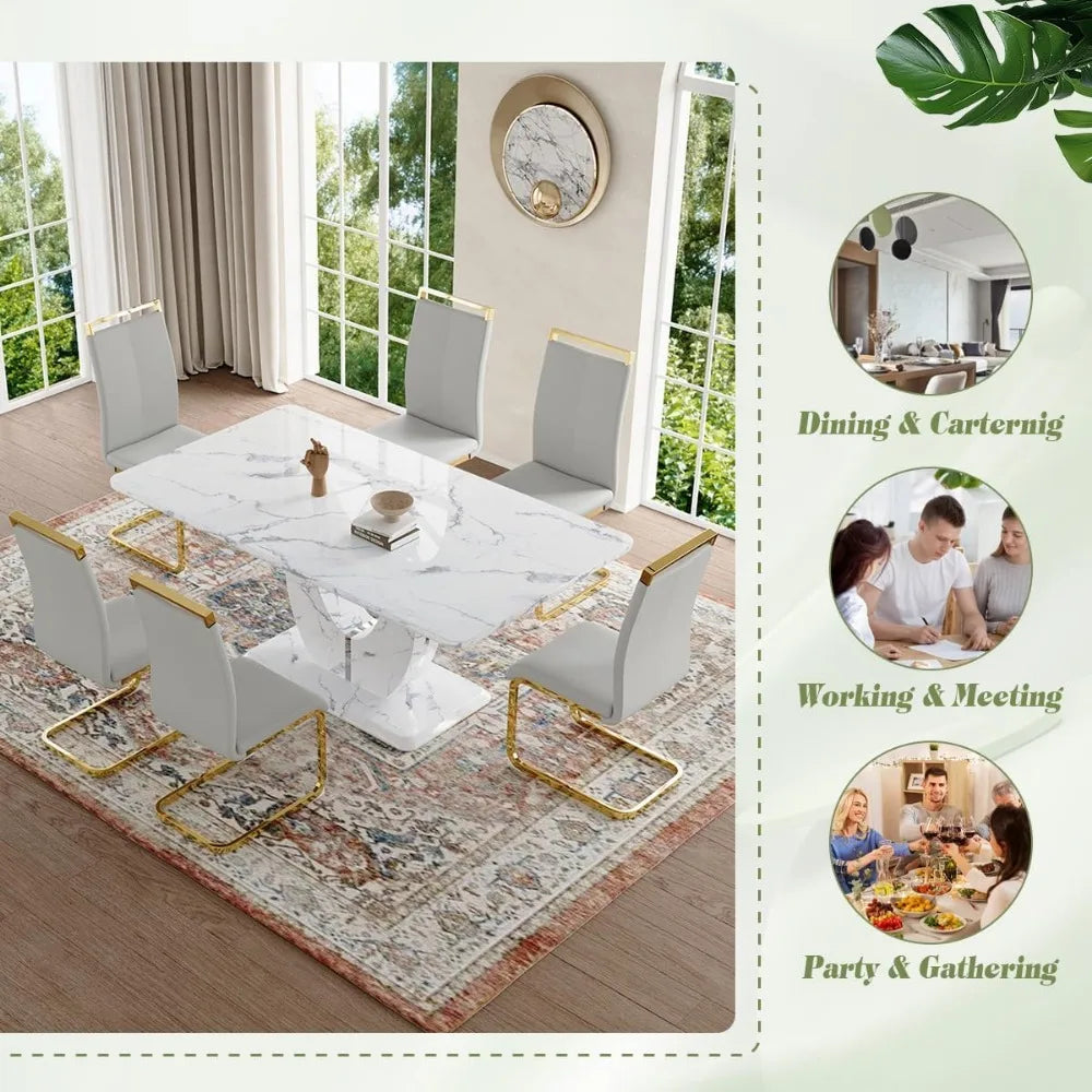 Dining Table Set 6,White Faux Marble Dining Room Table Set 6，63" Rectangle Kitchen Table Chairs Set of 6 Dining Kitchen Room