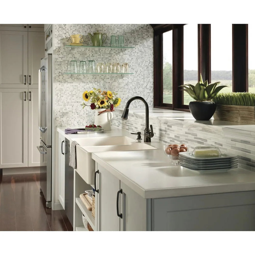 Mediterranean Bronze One-Handle High Arc Pulldown Kitchen Faucet Power Clean Reflex System Easy Installation Soap Dispenser ADA