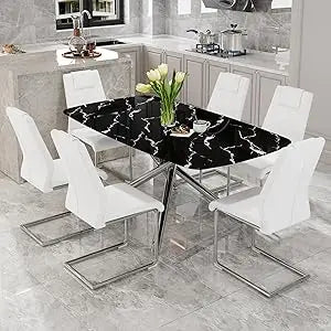 Modern Dining Table Set for 6, 63" Dinner Table Set for 6,Marble-Patterned Tempered Glass Kitchen Tabletop Silver Legs and 6 Bla