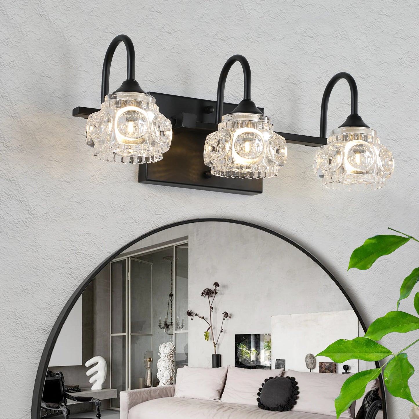17" Retro 3-Light Bathroom Vanity Light Fixture - Black Finish with Crystal Glass Shades, Wall Mounted Lighting