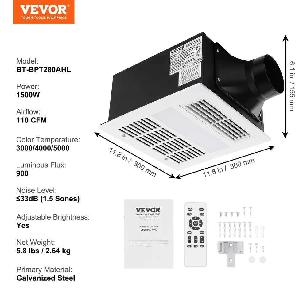 110 CFM 1500W Bathroom Exhaust Fan LED Lighting Quiet Ventilation Galvanized Steel Easy Installation Adjustable Brightness