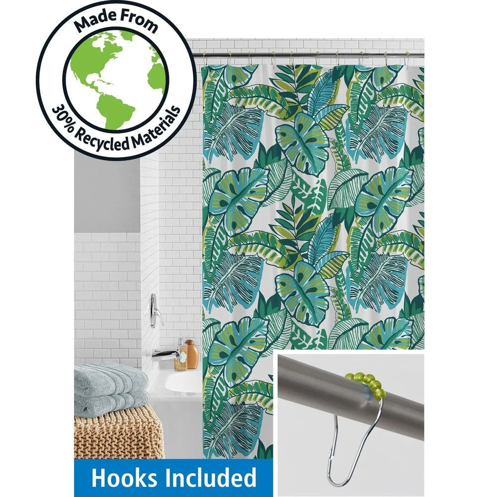 Waterproof Eco-Friendly 30% Recycled PEVA Shower Curtain Set with 12 Hooks 13-Piece Jungle Design Bathroom Decor