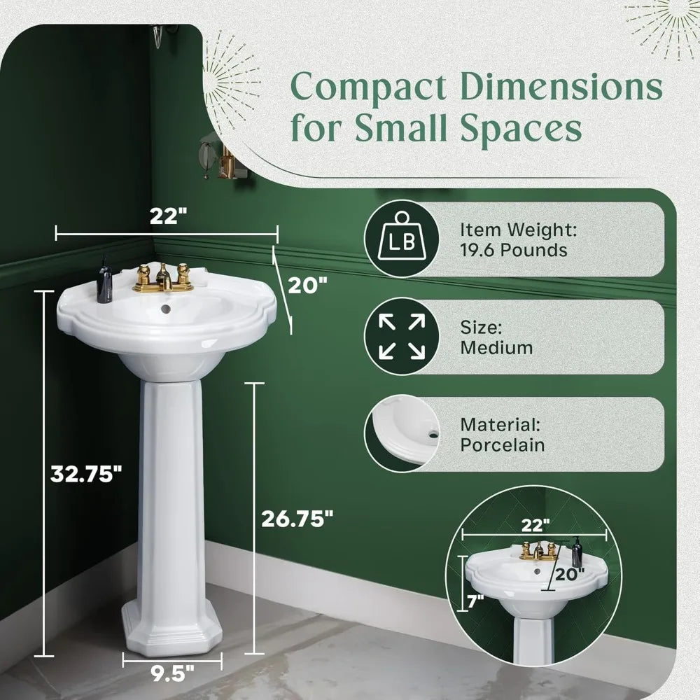 Renovators Supply Portsmouth 22 Inch Corner Pedestal Bathroom Sink, White Overflow And Pre Drilled 4 In. Centerset Faucet Holes