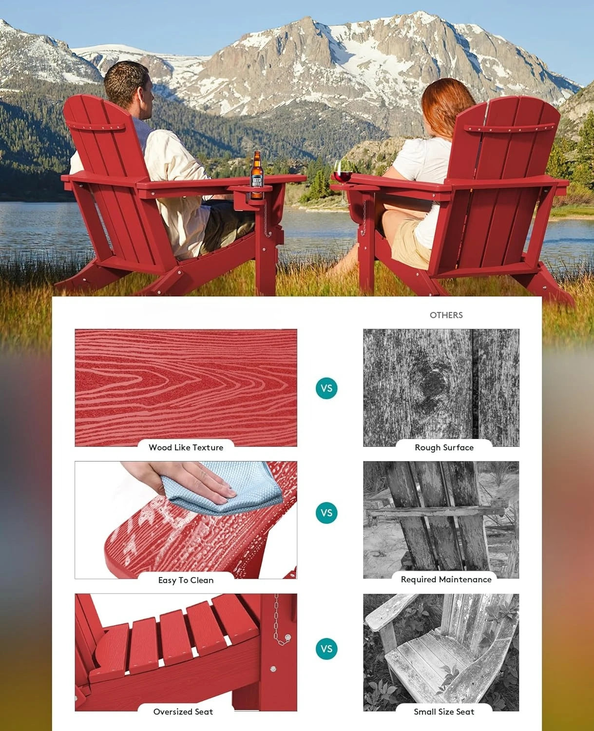 Adirondack Chair with Cup Holders - Composite Adirondack Chairs Set of 8 HDPE Outdoor Chairs All Weather Use- Light Red