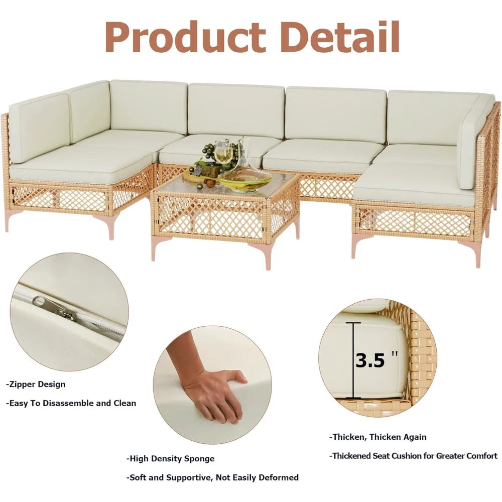7-Piece Boho Wicker Outdoor Sectional: Patio Sofa with Glass Coffee Table & Thickened Waterproof Cushions