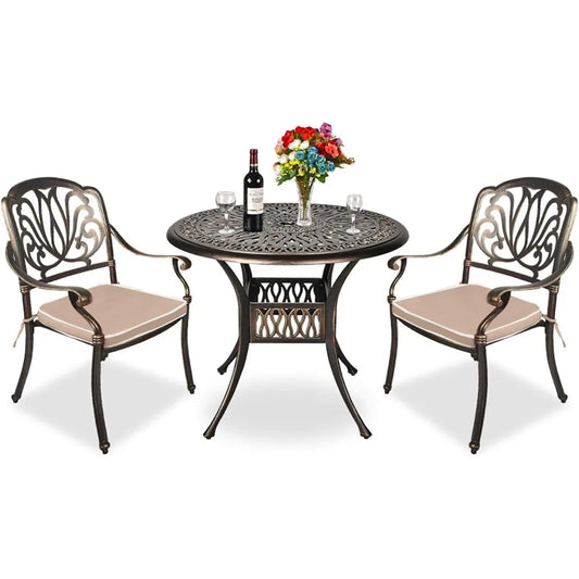 3 Piece Patio Dining Set, All-Weather Outdoor Cast Aluminum Patio Furniture Conversation Set Includes Round Table and Chairs wi