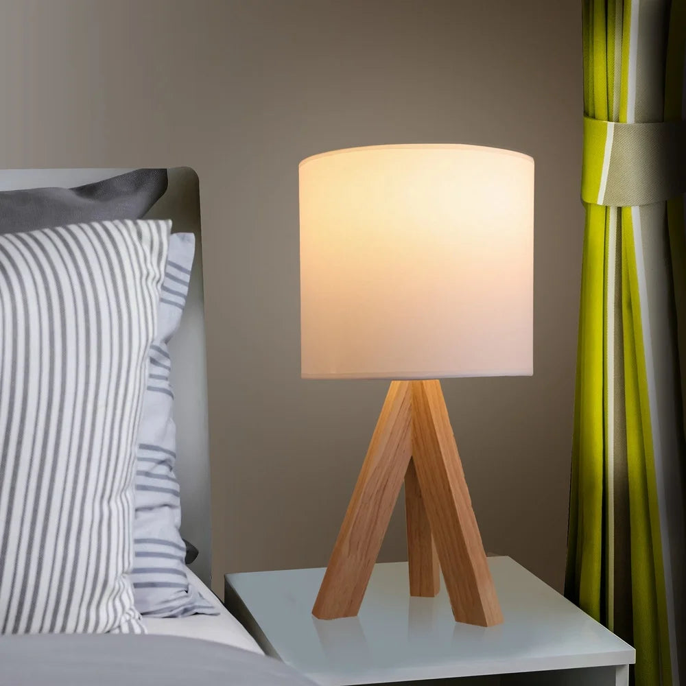 Tripod Oak Table Lamp with White Fabric Shade Modern Design Living Room Bedroom Office Desk Kids Room 60W E26 Bulb Compatible