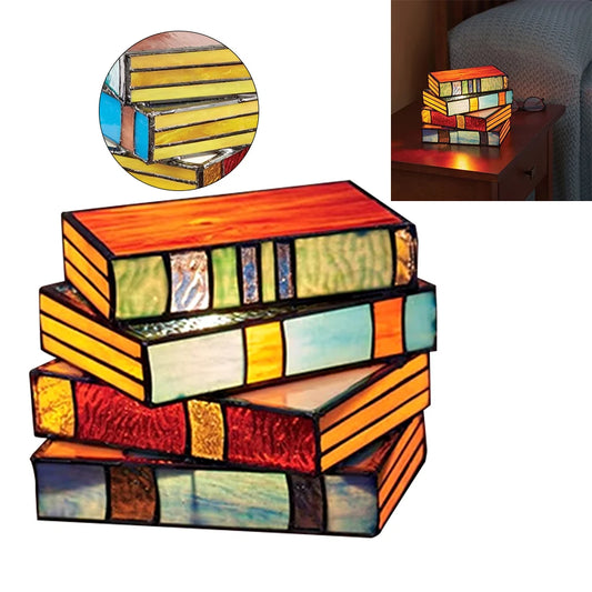 Stacked Books Lamp Decorative Vintage Reading Book Table Lamp Handcrafted Glass Table Desk Reading Light Nightstand Desk Lamps