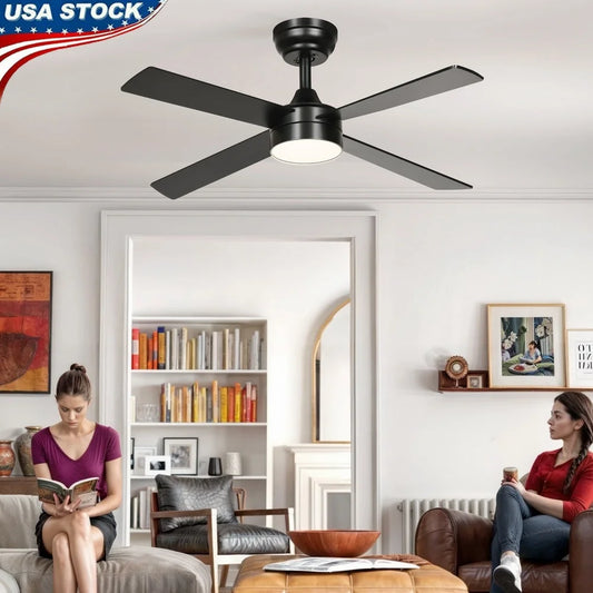 48 Inch Modern Black LED Ceiling Fan with Remote Control Alexa Compatible Reversible Quiet Motor Indoor Outdoor Use