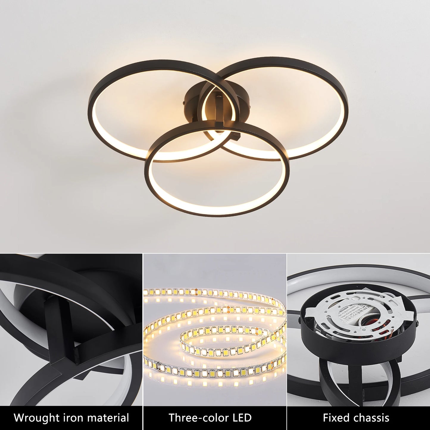 Modern LED Ceiling Light 3-Ring Flush Mount Fixture Black Finish Dimmable for Living Room/Bedroom/Dining Room