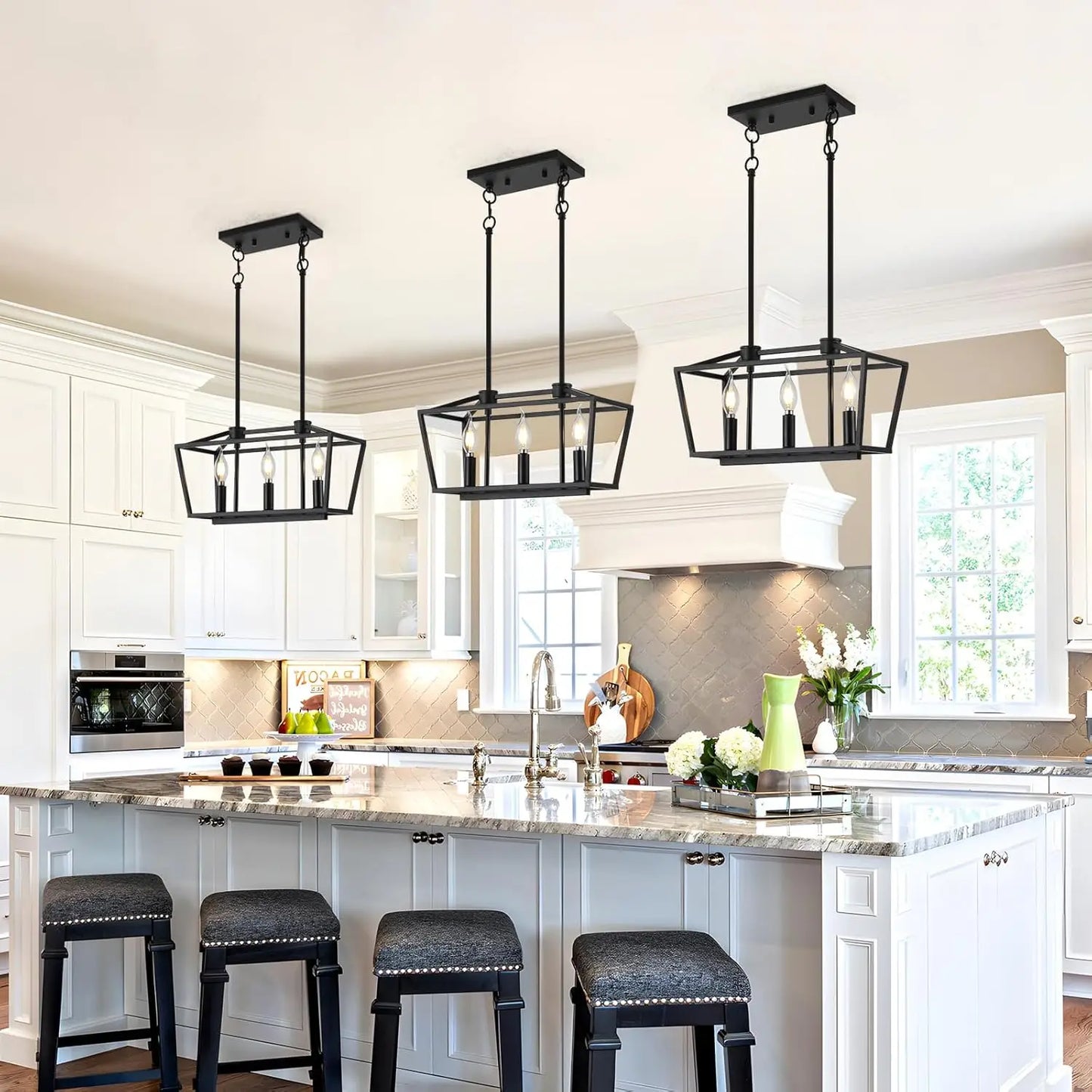 3-Light Modern Farmhouse Chandelier - Black Adjustable Pendant for Dining Table & Kitchen Island