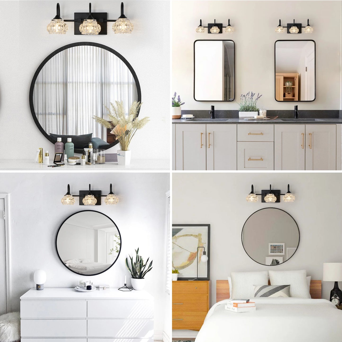 17" Retro 3-Light Bathroom Vanity Light Fixture - Black Finish with Crystal Glass Shades, Wall Mounted Lighting