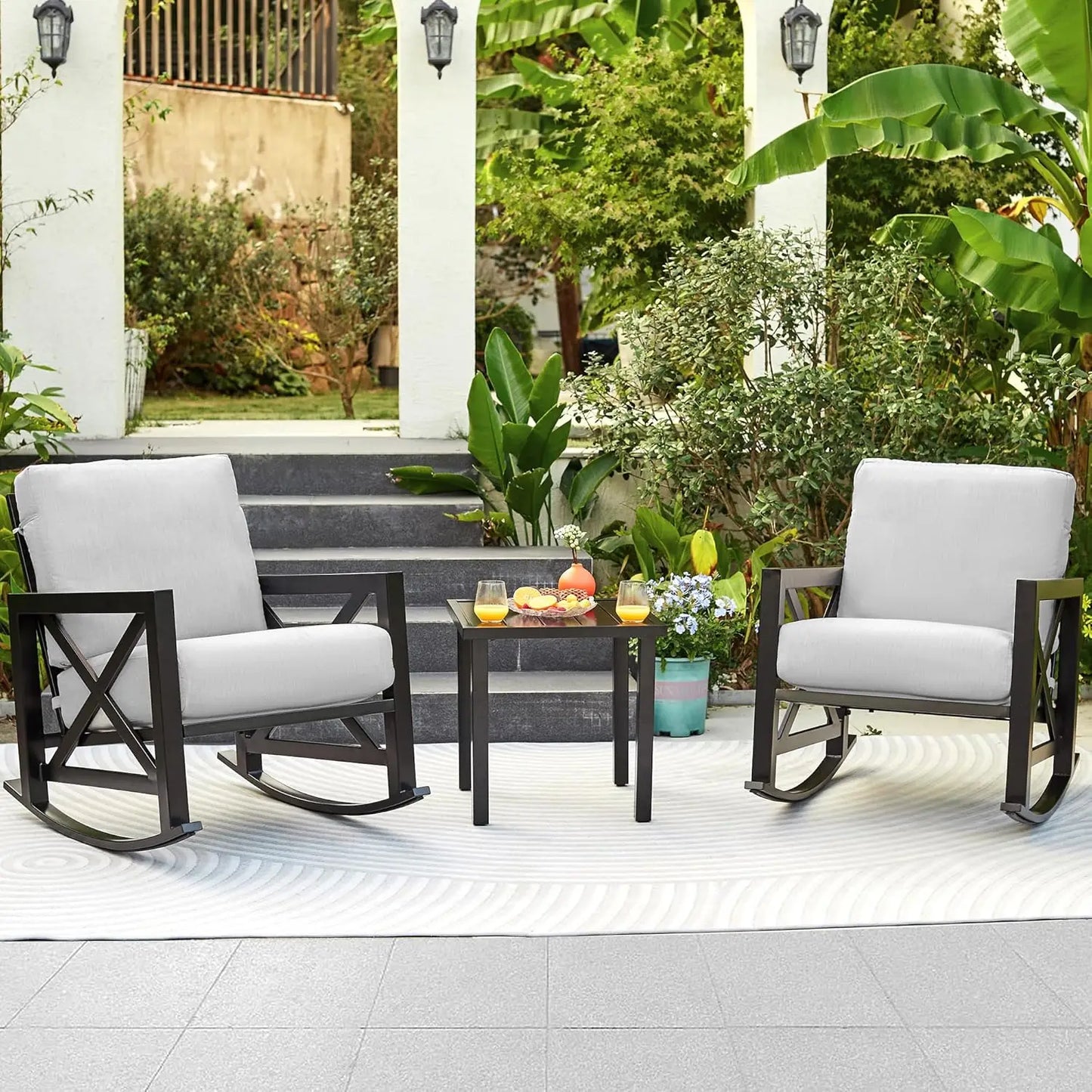 Rocking Bistro Set, 3 Piece Outdoor Patio Conversation Furniture Set with 2 Rockers and 1 Metal Coffee Table with Thick Cushions