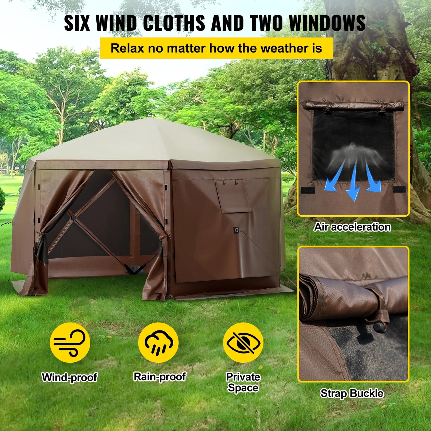SucceBuy Pop-up Camping Gazebo Camping Canopy Shelter 6 Sided 12' x 12' / 10' x 10' Sun Shade Tents & Canopies Camping & Hiking