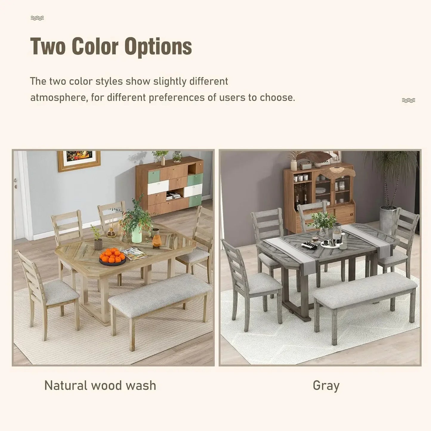 6-Piece Rubber Wood Dining Table Set with 4 Cushioned Chairs and Bench, Beautiful Wooden Grain Pattern Tabletop, Grey