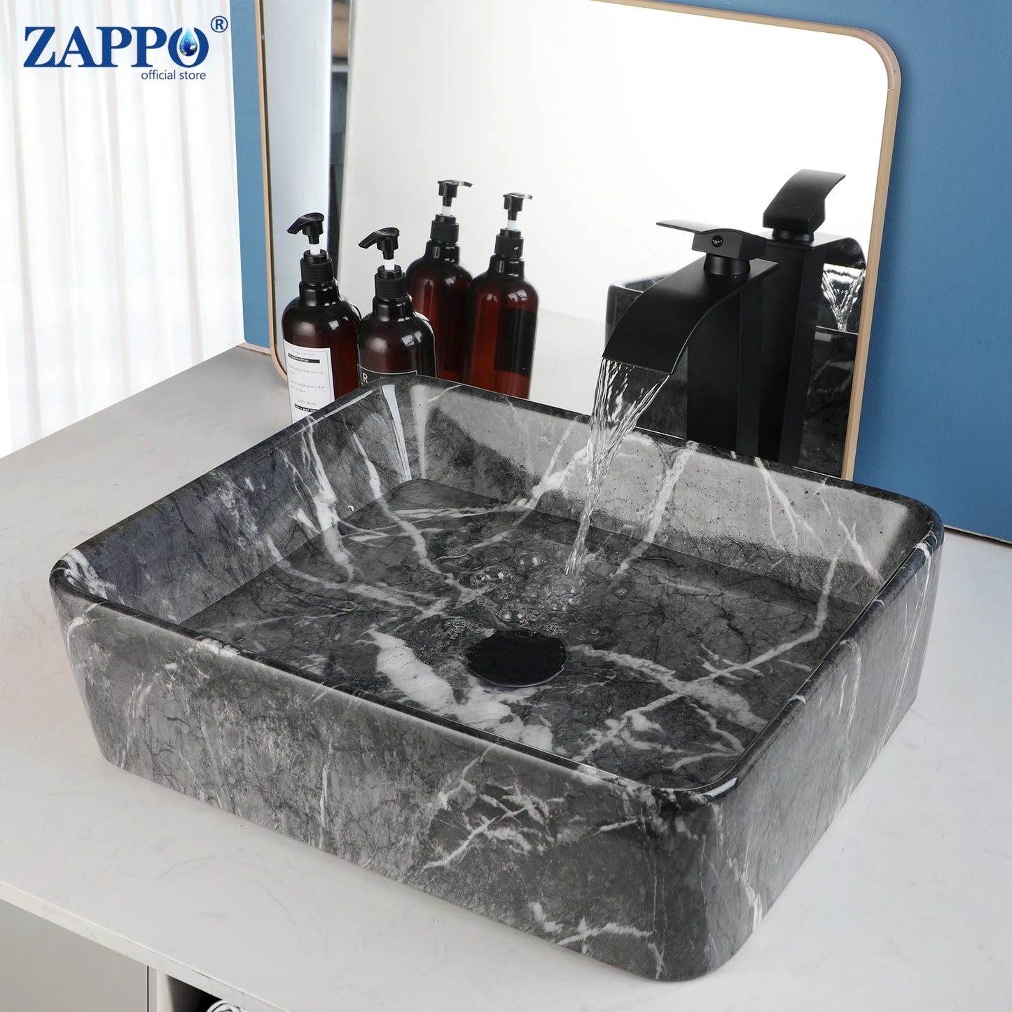 ZAPPO Bathroom Vessel Sink Ceramic Vessel Sink with Faucet Combo Rectangular Marble Vanity Sinks for Bathrooms Above Counter