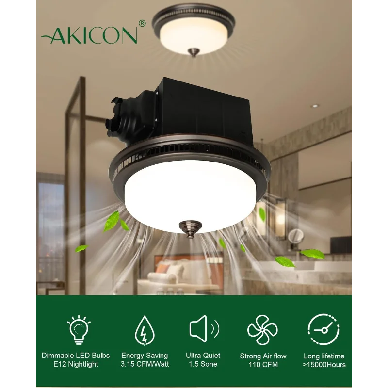 Akicon Exhaust Fan, Ultra Quiet 110CFM 1.5 Sones Ventilation Exhaust Bathroom Fan with Light and Nightlight, 3 Years Warranty