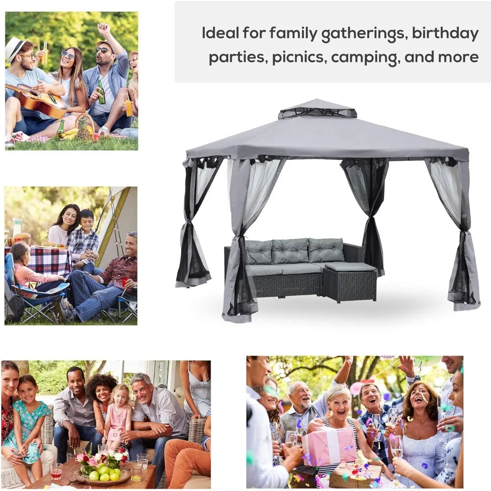 10' x 10' Patio Gazebo, Outdoor Canopy Shelter with 2-Tier Roof and Netting, Steel Frame, Rainproof and UV resistant Pergola