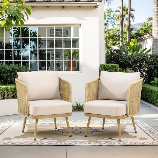 Outdoor Wicker Patio Chairs Set of 2, Rattan Barrel Chairs Patio Furniture Sets with 4“ Hight Desity Cushion