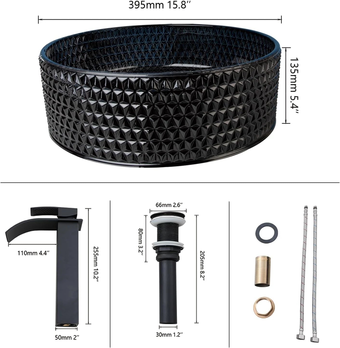KEMAIDI Black Crystal Bathroom Vessel Sink with Faucet Tempered Glass Sink Above Counter Round Bathroom Sink Bowl Art Basin