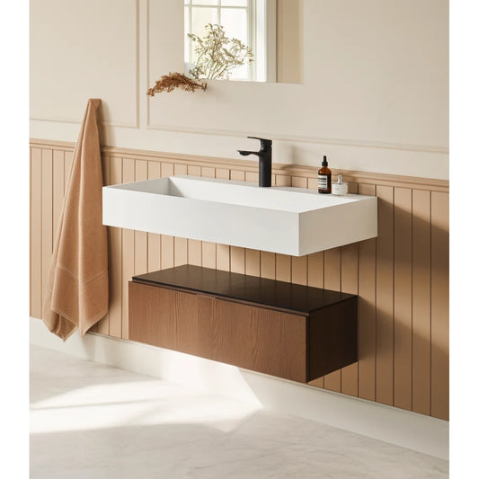 36" x 18" Solid Surface Wall Mount Rectangle Matte White Vessel Sink with Faucet Hole