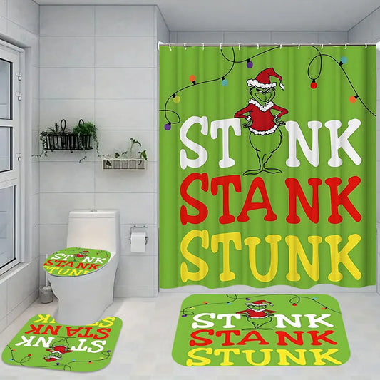 Christmas Snowman Shower Curtains Green W/Non-Slip Rugs Toilet Lid Cover Bath Mat Shower Curtain Set Home Bathroom Curtain Decor