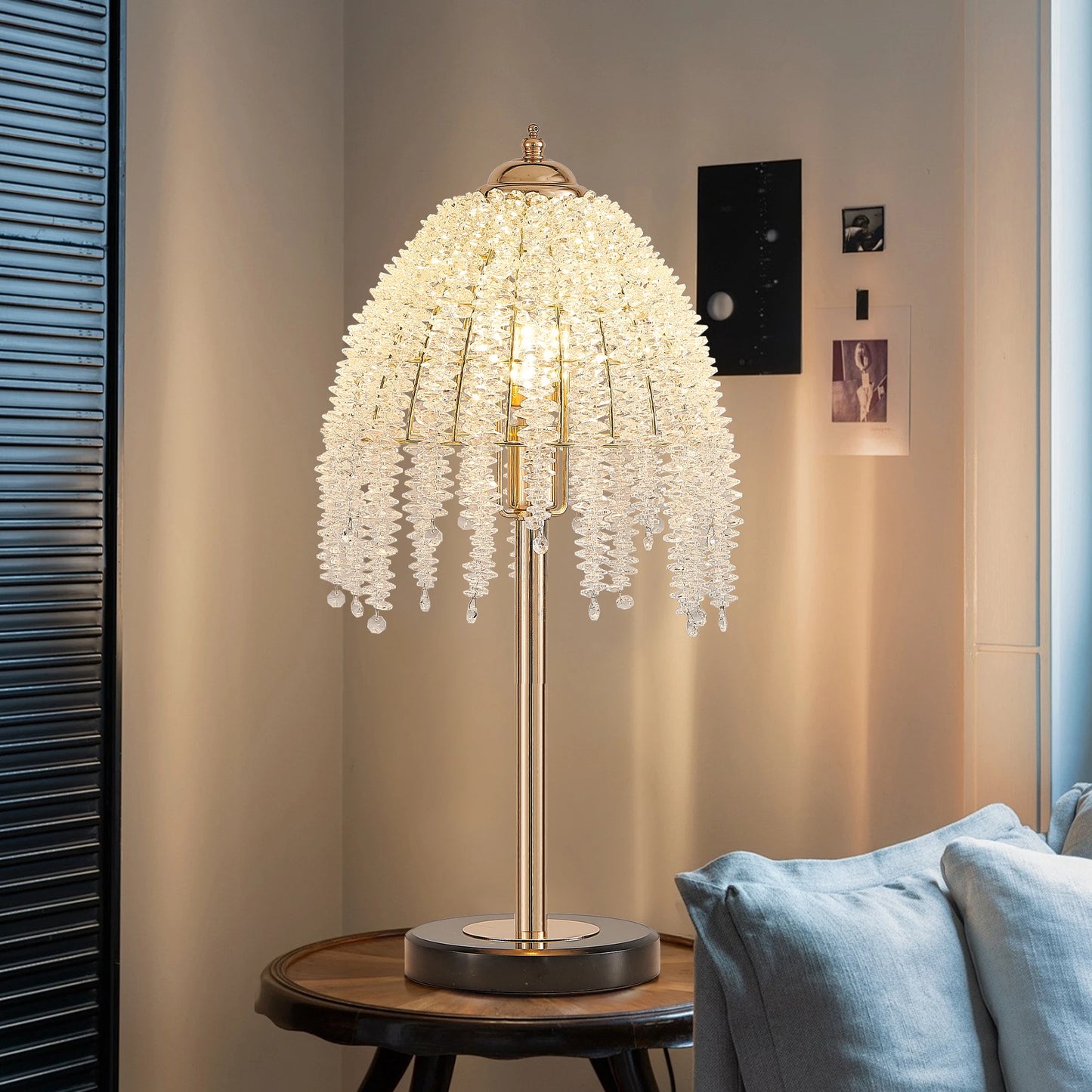 19"(H) Elegant Crystal Table Lamp Vintage Waterfall Design with Crystal Bead String Shades and Marble Textured Base(No Bulb)