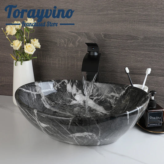 Torayvino Bathroom Basin Sink Faucet Combo Ceramic Lavatory Above Counter Art Basin Vanity Sink Matter Black Faucet Mixer