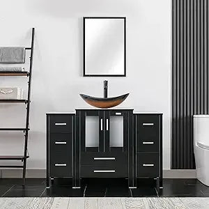 48" Modern Bathroom Vanity Sink Combo Black W/Small Side Cabinets Clear Boat Glass Vessel Sink & Water Save Faucet & Pop Up Dra