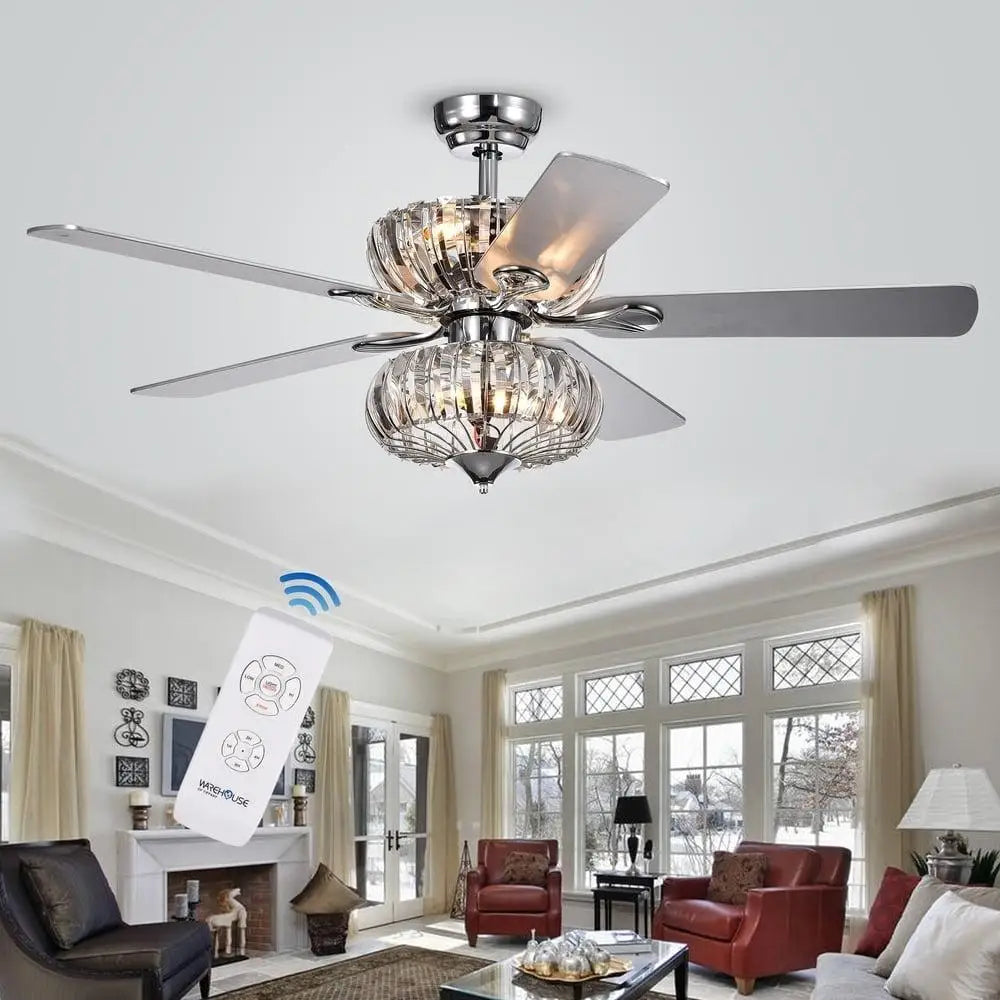 6-Light Crystal Ceiling Fan Remote Control 5-Blade Chrome Finish Elegance Reversible Blades 3-Speed Adjustable Lighting Home