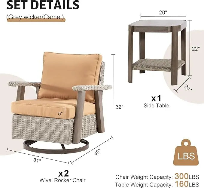 3 Pieces Patio Furniture Set, 2 Seats High Back Rattan Glider Swivel Chairs and Side Table, Outdoor High Back Wicker Furniture