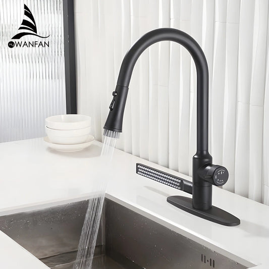 Modern Minimalist Black Kitchen Faucets Multifunctional Pull Out Tap Single Hole Handle Grey 360° Swivel Water Mixer Tap 0366