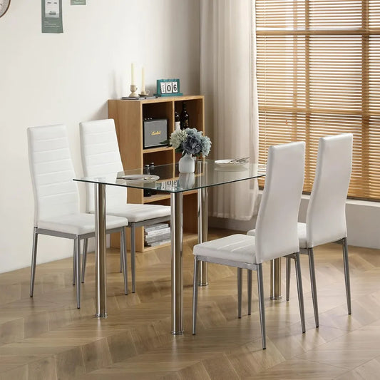 5-Piece Dining Table Set with 1 Glass Dining Table and 4 PVC Chairs, Modern Dining Table Set Living Room