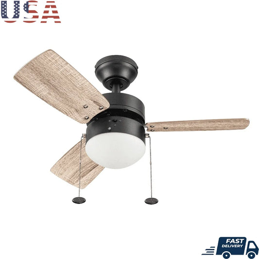 30 Inch Modern Ceiling Fan with Light Indoor Pull Chain Quiet Reversible Airflow Energy Saving Dimmable LED Frosted Globe Light
