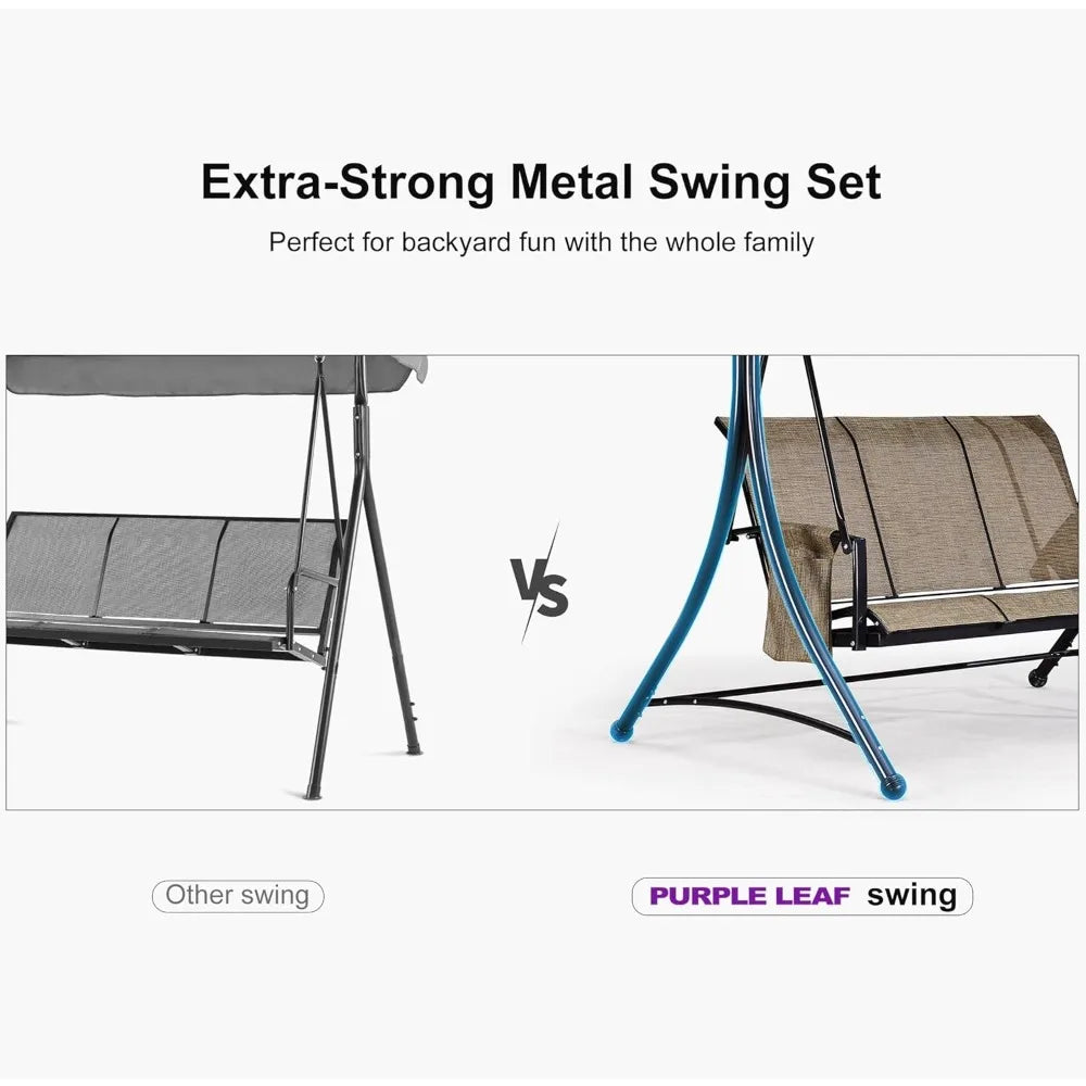 3-Seat Deluxe Outdoor Patio Porch Swing with Weather Resistant Steel Frame, Adjustable Tilt Canopy, Beige
