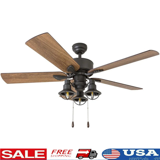 Indoor Ceiling Fan 52 Inch Aged Bronze Multi Arm Barnwood Blades LED Light Quiet Reversible Motor Remote Control Suitable Living