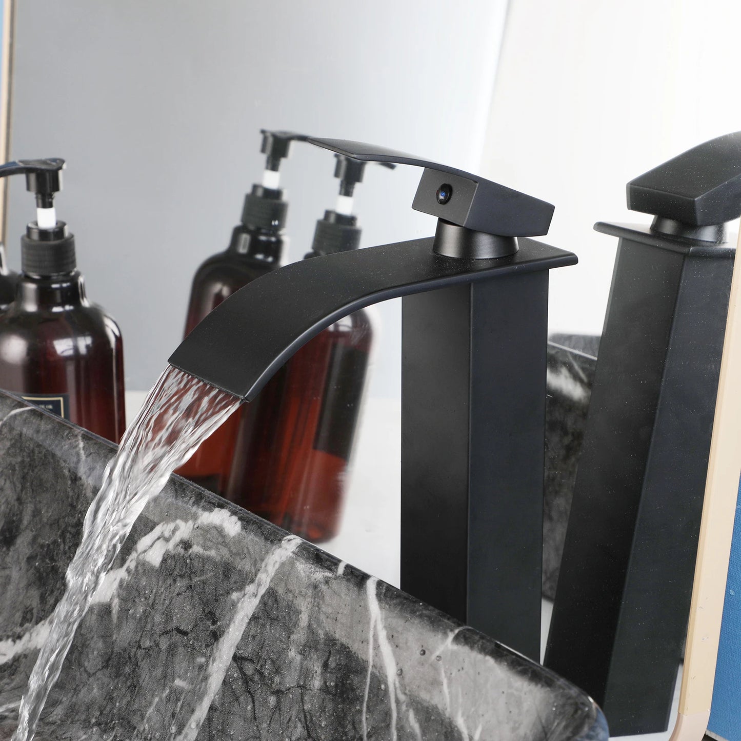 ZAPPO Black Bathroom Vessel Sink With Faucet and Drain, 19"x15"x6" Rectangular Vessel Sink Black Marble Bowl Sinks for Bathroom