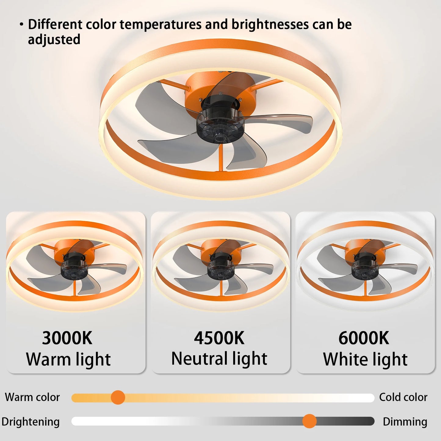 Orange Modern Ceiling Fan with LED Light, Low-Profile Flush Mount,6-Speed Adjustable, Ideal for Bedroom and Living Room