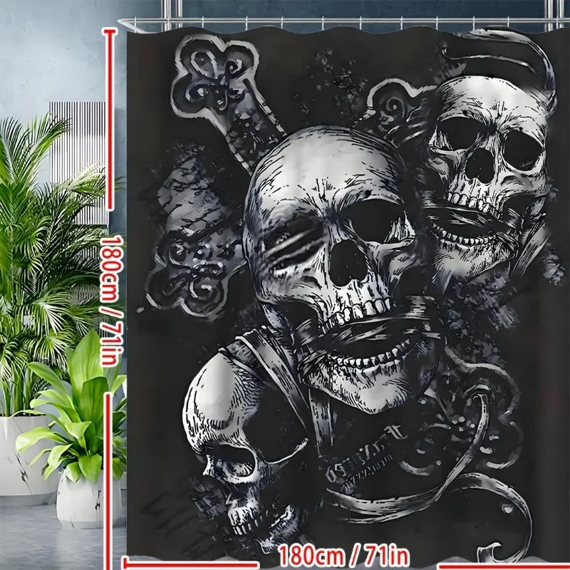 1pcs Gothic Three Skull Shower Curtain Set，12 Hooks,Options for Stylish Bathrooms
