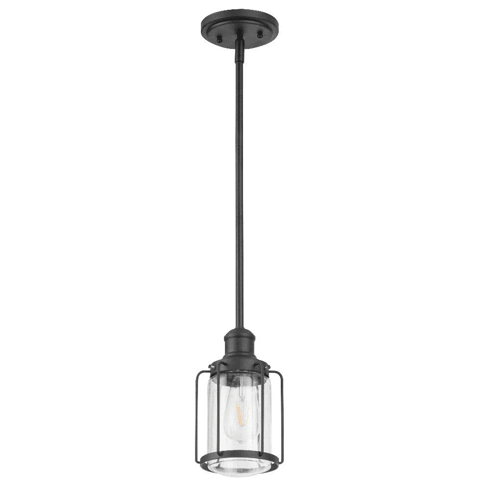 Industrial Matte Black LED Pendant Light with Clear Glass Shade Lantern Style Fixture Kitchen Island Dining Room Damp Rated