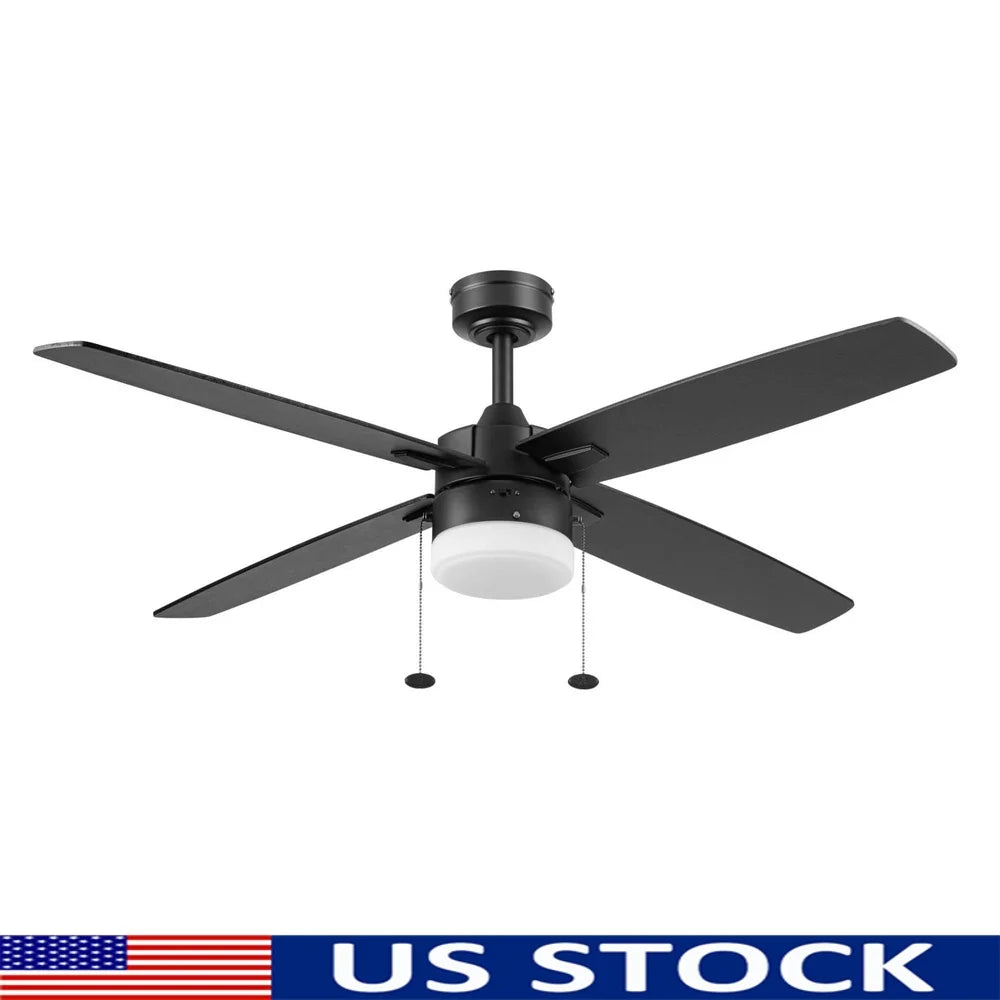 52 Inch Black Indoor Outdoor Ceiling Fan with Light Dimmable 3 Speed Reversible Blades Pull Chains Quiet Air Circulation