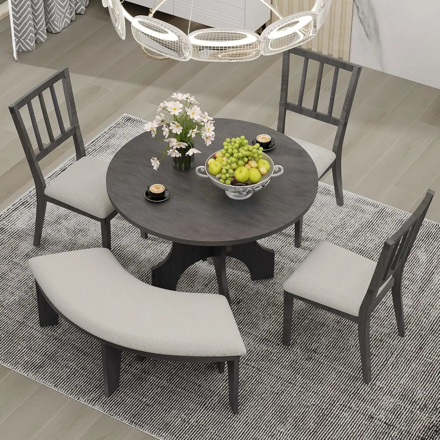 5-Piece Round Dining Table Set, Mid Century Modern Round Dining Table for 4-6 Person, Round Dinner Table with 4 Upholstered Chai