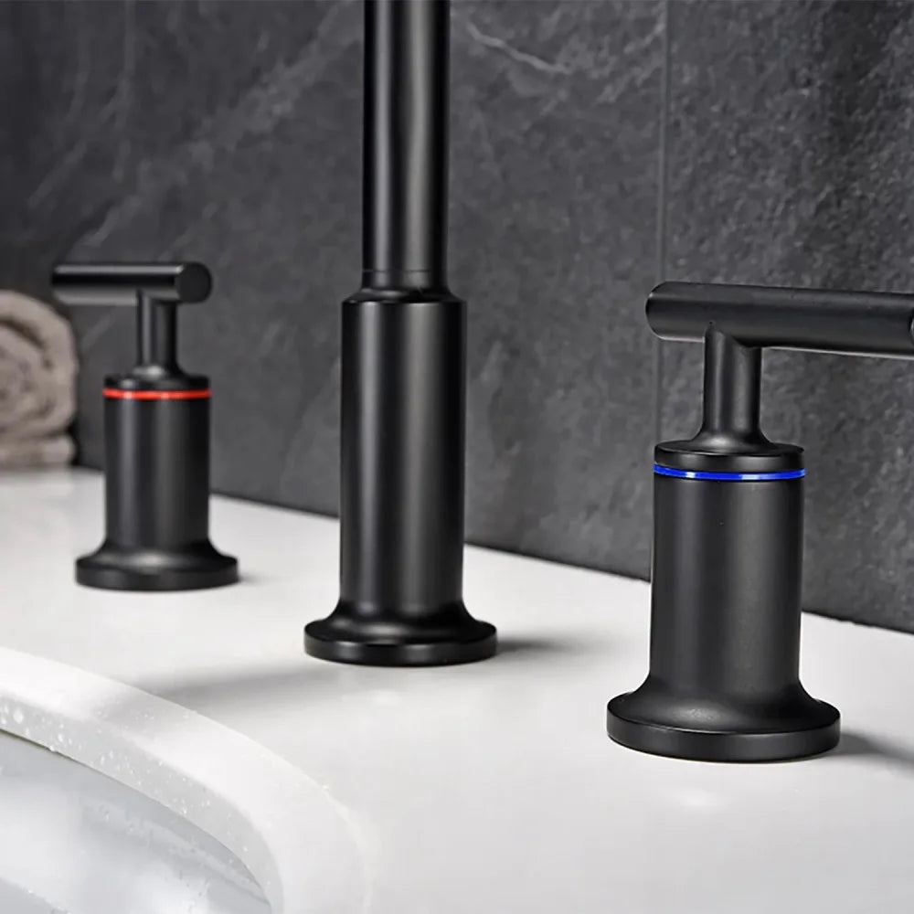 Matt Black Widespread Bathroom Sink Faucet with With CUPC Water Supply Hose and Cartridge